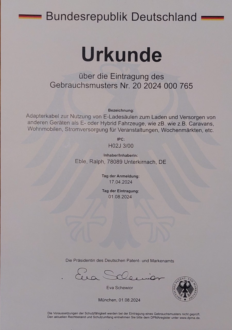 Urkunde über die Eintragung des Gebrauchsmusters Nr. 20 2024 000 765 – Adapterkabel zur Nutzung von E-Ladesäulen